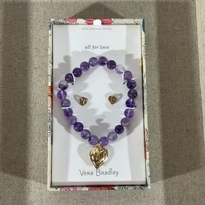 Vera Bradley Purple Heart Bracelet and Stud Set Gold Color